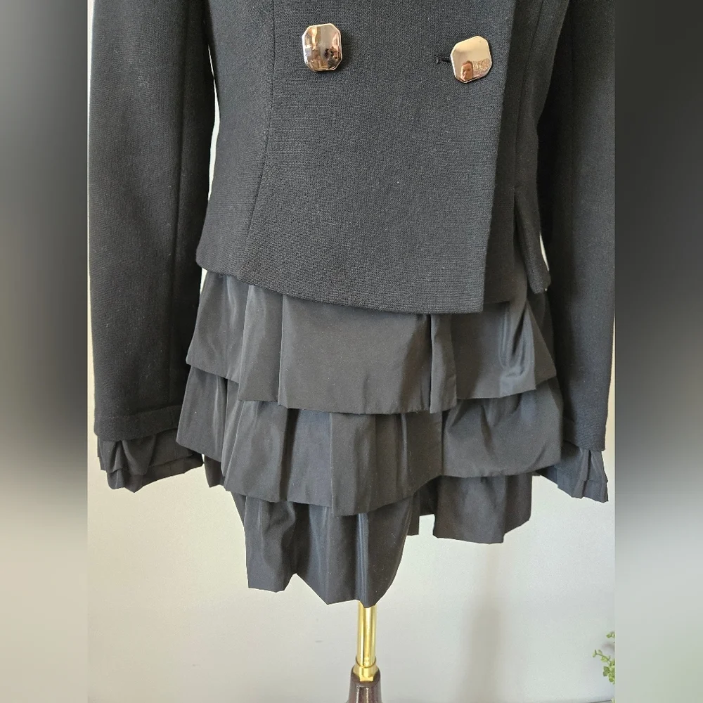 ECOLOR Black Double-Breasted Women's Jacket With Ruffle Bottom And Cuffs. Medium - Picture 2 of 14